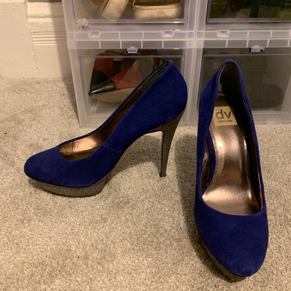 Suede blue stripper heels lol